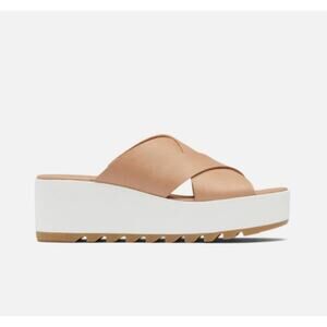 Sorel Cameron Tan Leather Platform Wedge Slide Sandals US 9.5